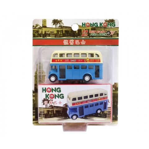 新興玩具　昔の香港バス（青）　ミニ版　プルバック式