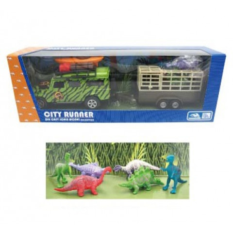 新興玩具　牽引自動車（緑）と恐竜　プルバック式